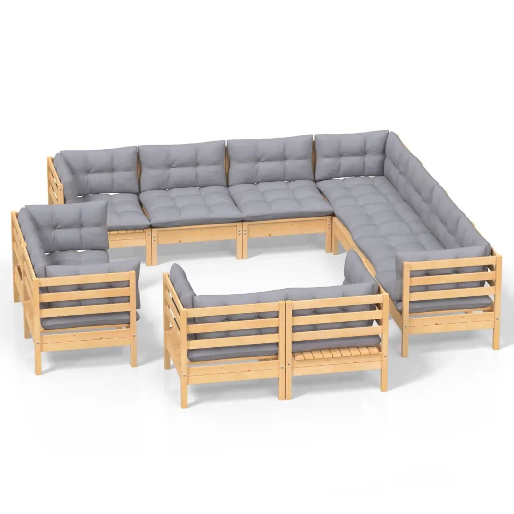 Set Divani da Giardino 11 pz con Cuscini Grigi Massello di Pino 3096934