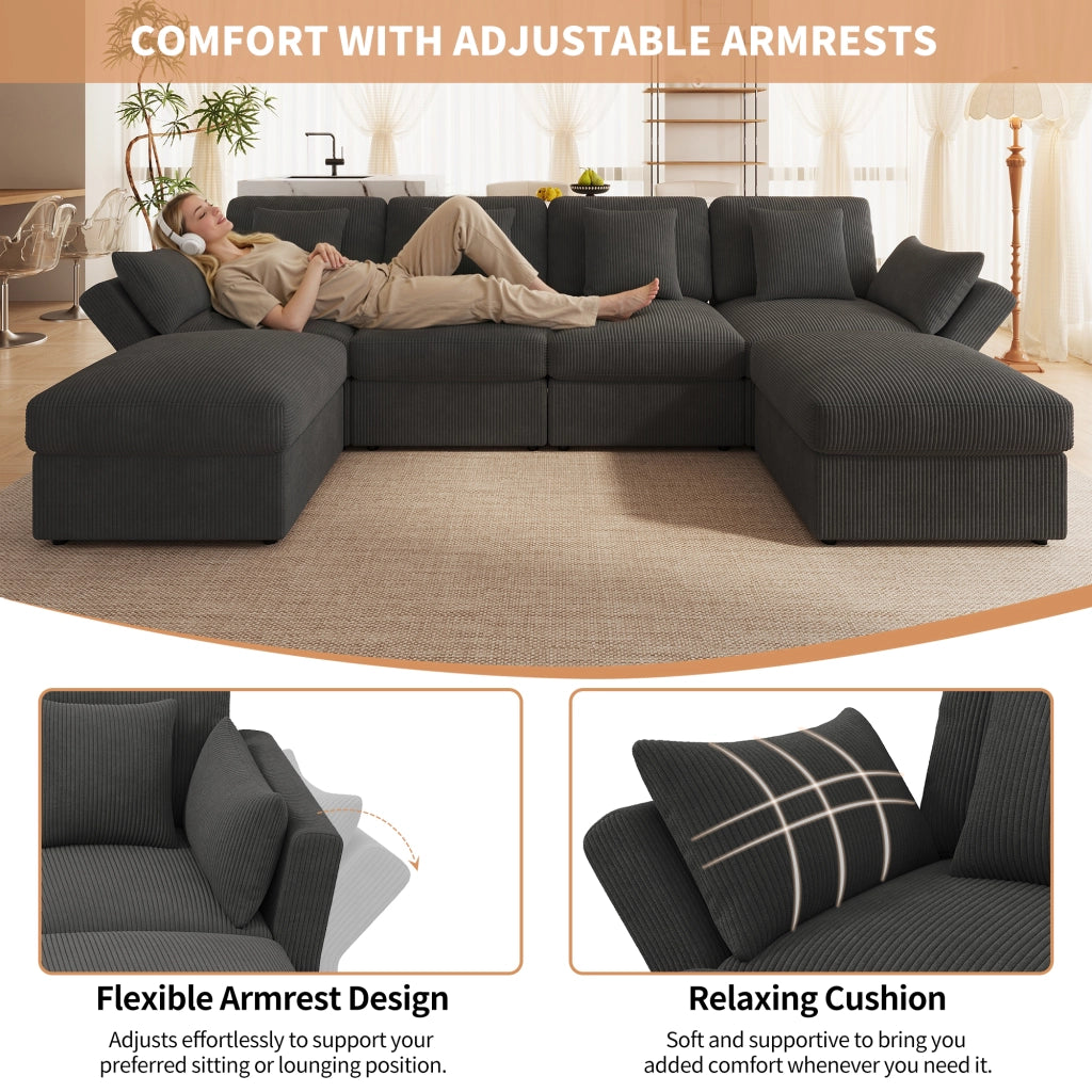 Divano modulare a U con braccioli regolabili e poggiatesta, due pouf scorrevoli in velluto a coste grigio 290 × 159,5 × 89 cm