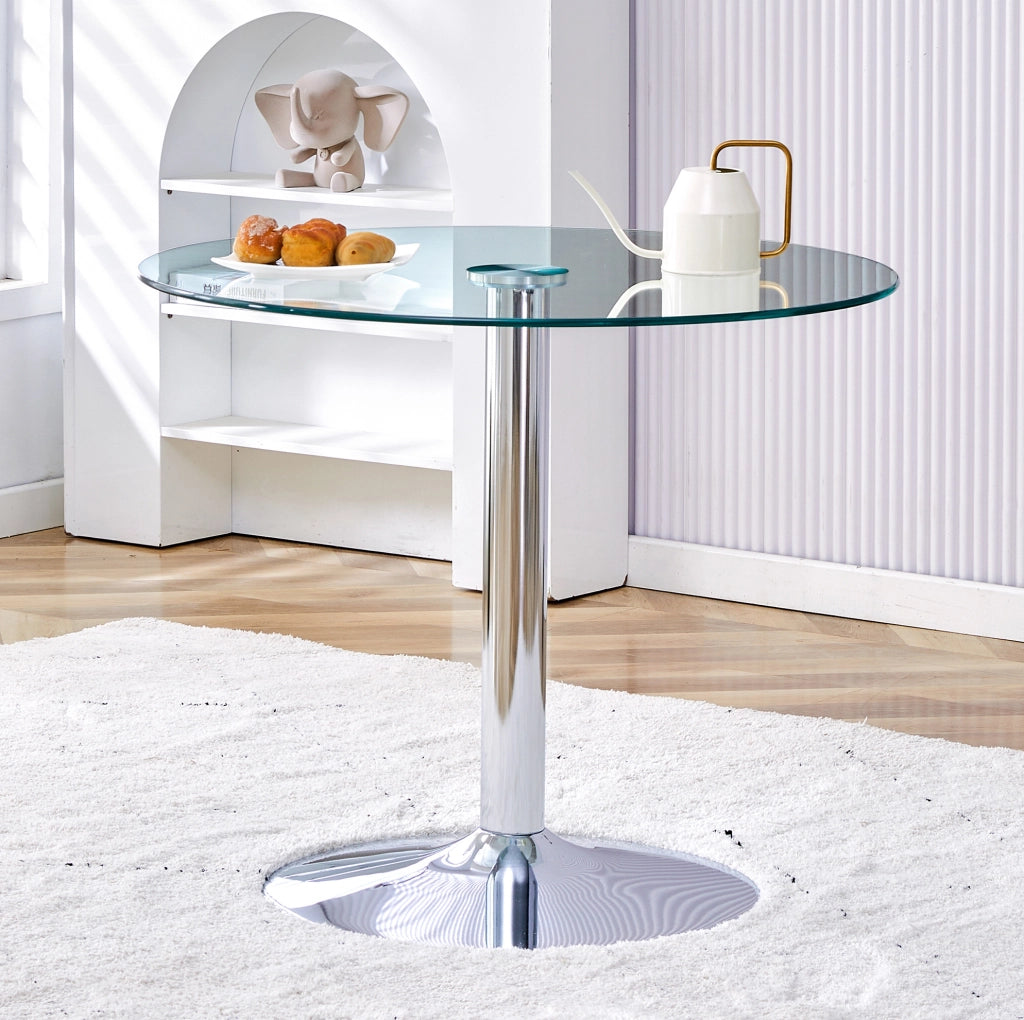Tavolo Bar Rotondo in Vetro Trasparente 85 cm con Base in Metallo Argento 76 cm Altezza