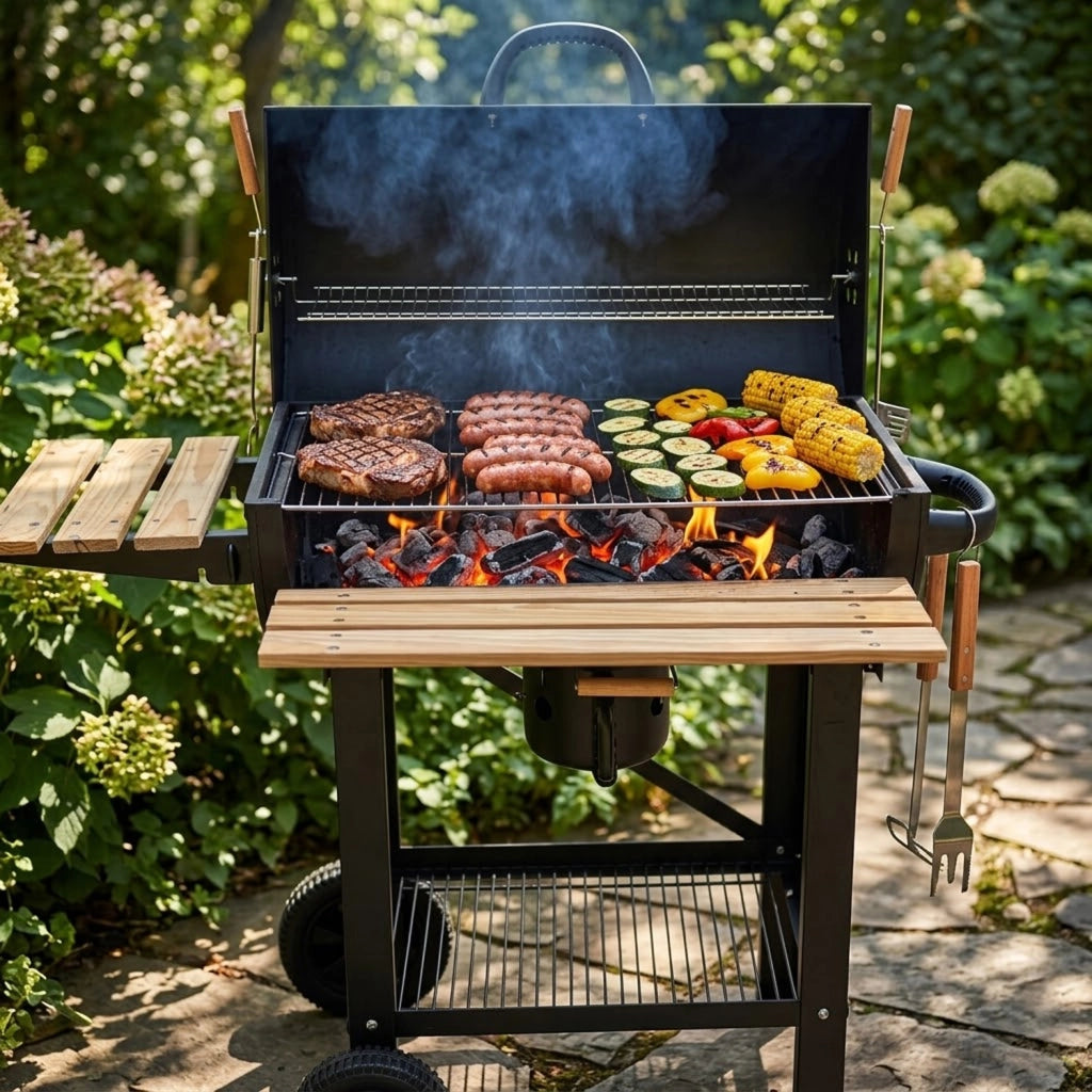 Barbecue A Carbone Con Coperchio E Ripiani Laterali BBQ Grill Da Giardino Con Griglia Rialzata Scaldavivande Struttura In Acciaio Ruote E Cassetto Raccogli Cenere 110 x 70.5 x 101.5 Cm Nero