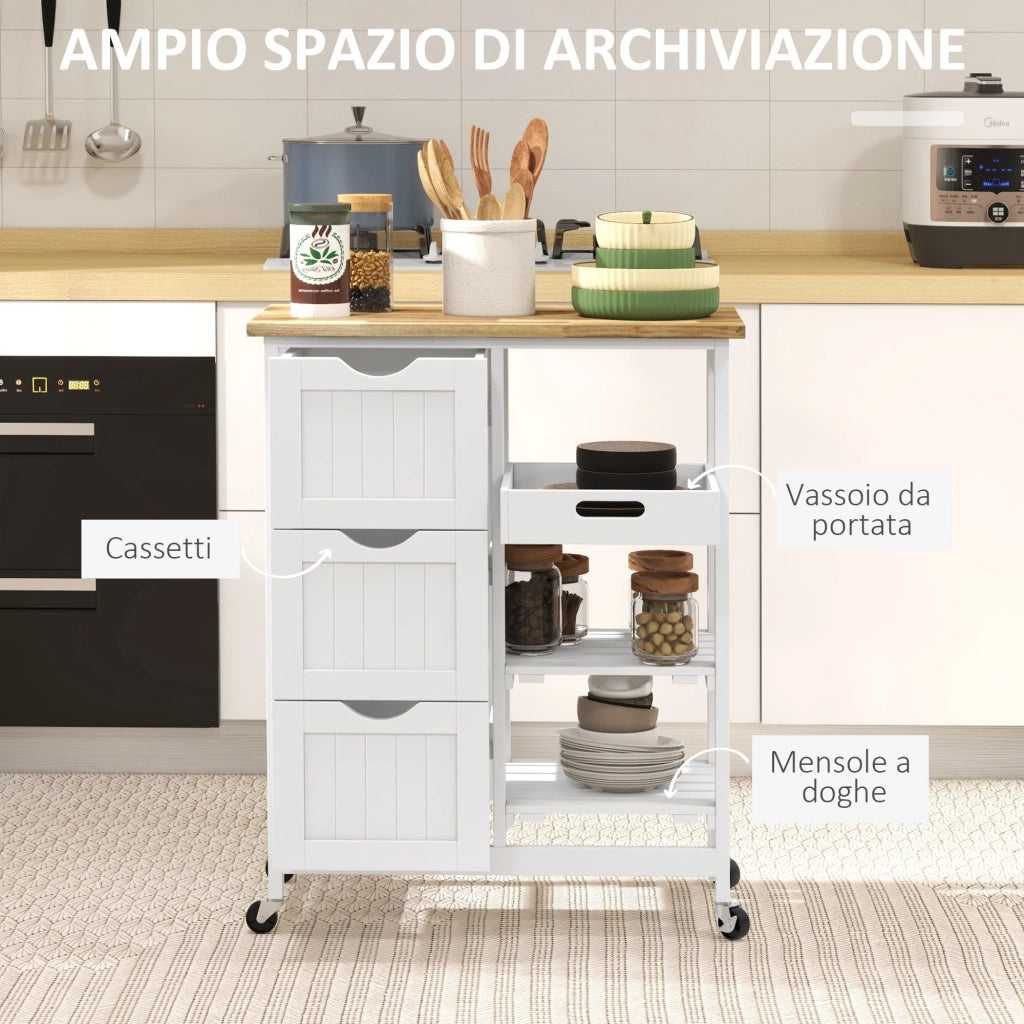 Carrello da Cucina 67x37x85,5 cm con 3 Cassetti e 3 Ripiani Aperti in Legno Bianco