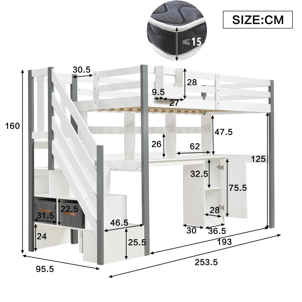 Letto a Soppalco 90x200 cm - Scala Laterale; Scrivania; Libreria e Armadio - Bianco
