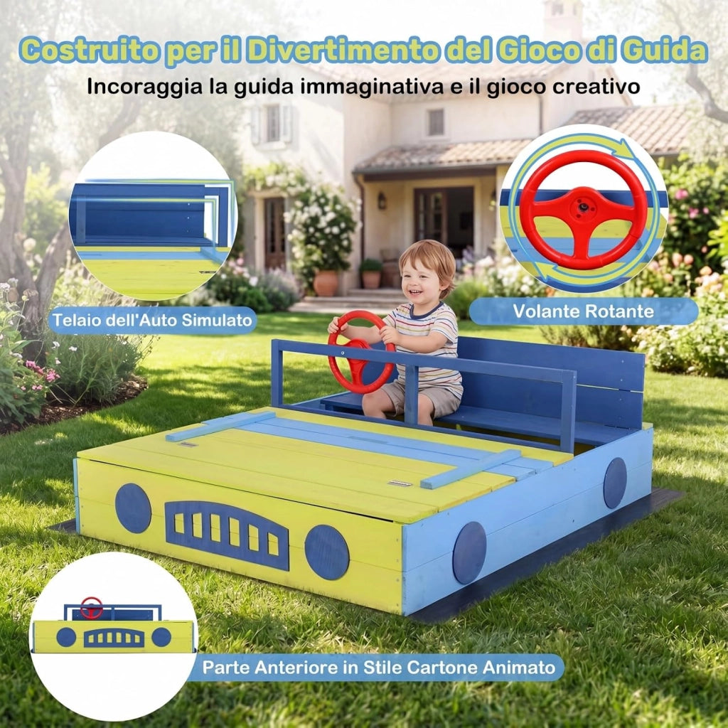 Sabbiera per Bambini in Legno di Abete, Sabbiera da Esterno con Panche e Fodera, Sandbox per Bambini a Forma di Macchina con Volante Rotante, 118x100x40 cm