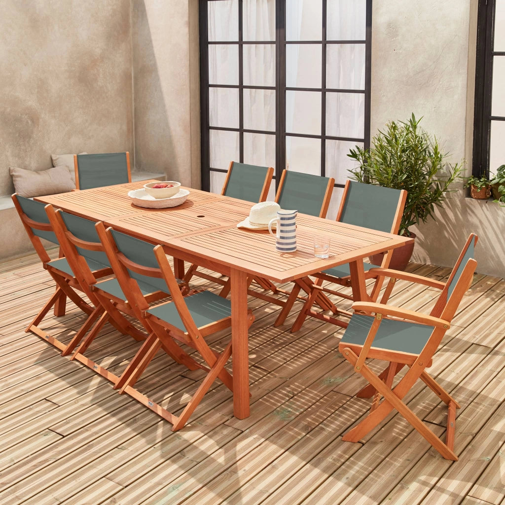 Set tavolo da giardino rettangolare allungabile in legno con 8 sedie,