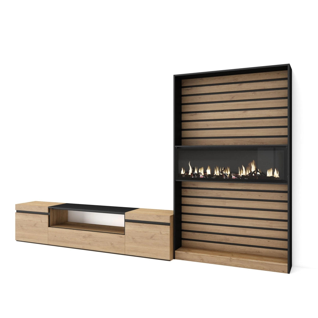 Mobile TV, Soggiorno, 310x35x186cm, Per TV fino a 80", Camino elettrico, colore Rovere e nero RF2860