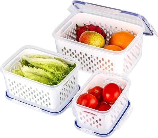 Contenitori per prodotti freschi - Scatole di conservazione riutilizzabili con contenitori di scarico - Conserva Verdure e Frutta - Resistenti a lavastoviglie e forno a microonde - 3 pezzi