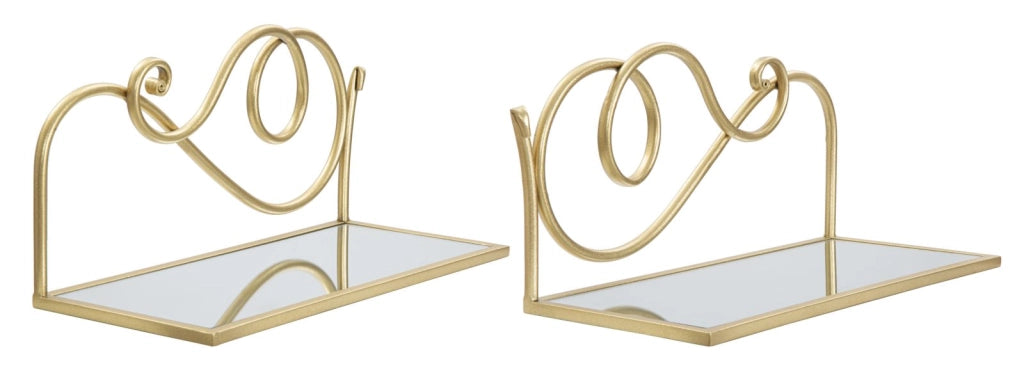 Comodino mensola COPPIA 41,5x18x20,5 cm metallo dorato e piano in vetro