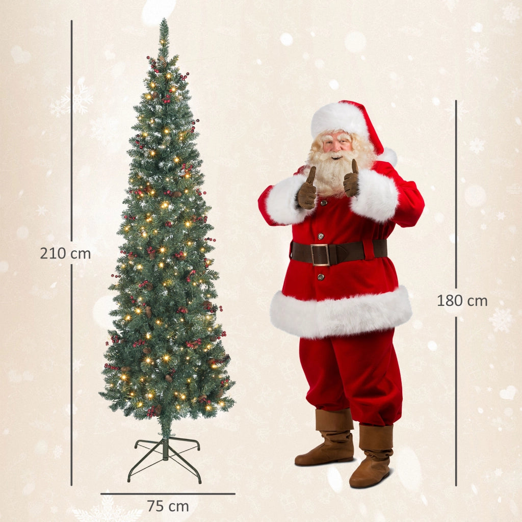 Albero di Natale 210 cm con Luci LED 8 Modi ¨C zephmum ¨C Verde con Ramaglie Argentate e Pigne