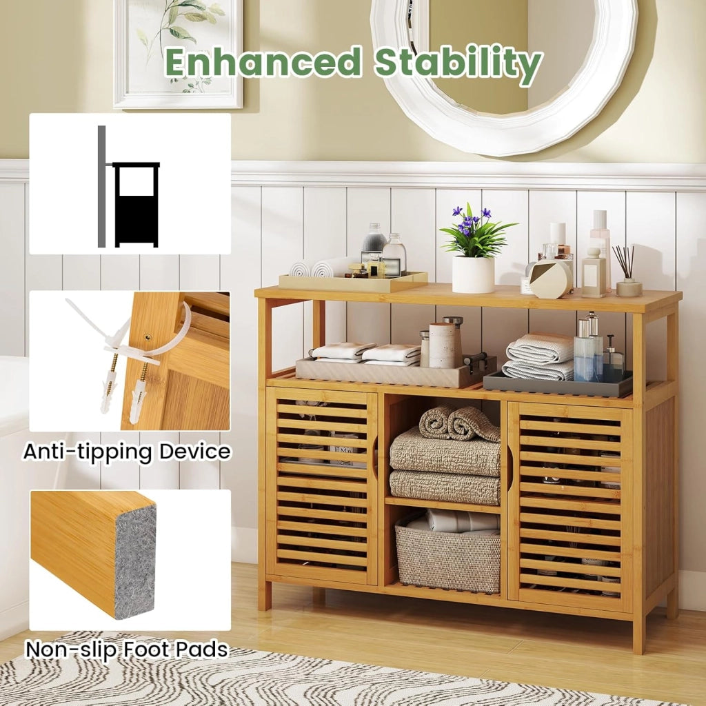 Armadio da bagno in bambù con ante a persiana e mensole, organizer per soggiorno, ingresso, cucina, sala da pranzo, 100 x 35 x 80 cm, naturale
