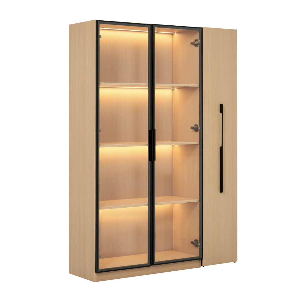 Libreria vetrina con LED e ripiano laterale estraibile, per soggiorno e ufficio, in MDF, rovere, 110,5 × 35 × 160 cm