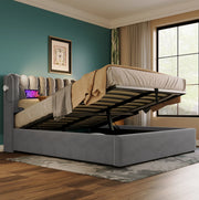 Letto singolo 90x200 cm in velluto grigio con luce da lettura; USB e contenitore