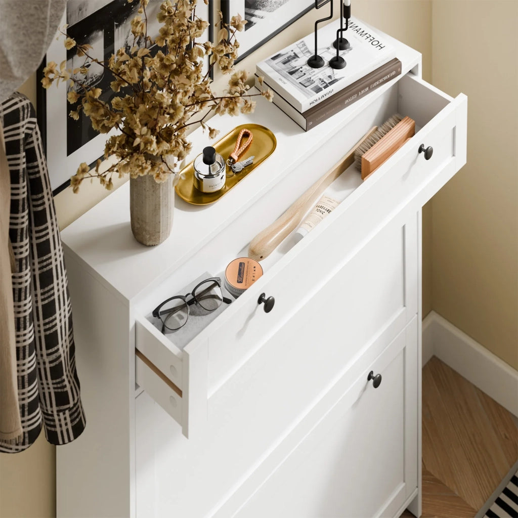 SoBuy FSR207-W, Scarpiera Salvaspazio Slim In Legno, Scarpiera Ingresso Moderna con 2 Ante a Ribalta e 1 Cassetto, Design Compatto per Spazi Ristetti, Facile da Pulire, Bianco, 80x19x107 cm