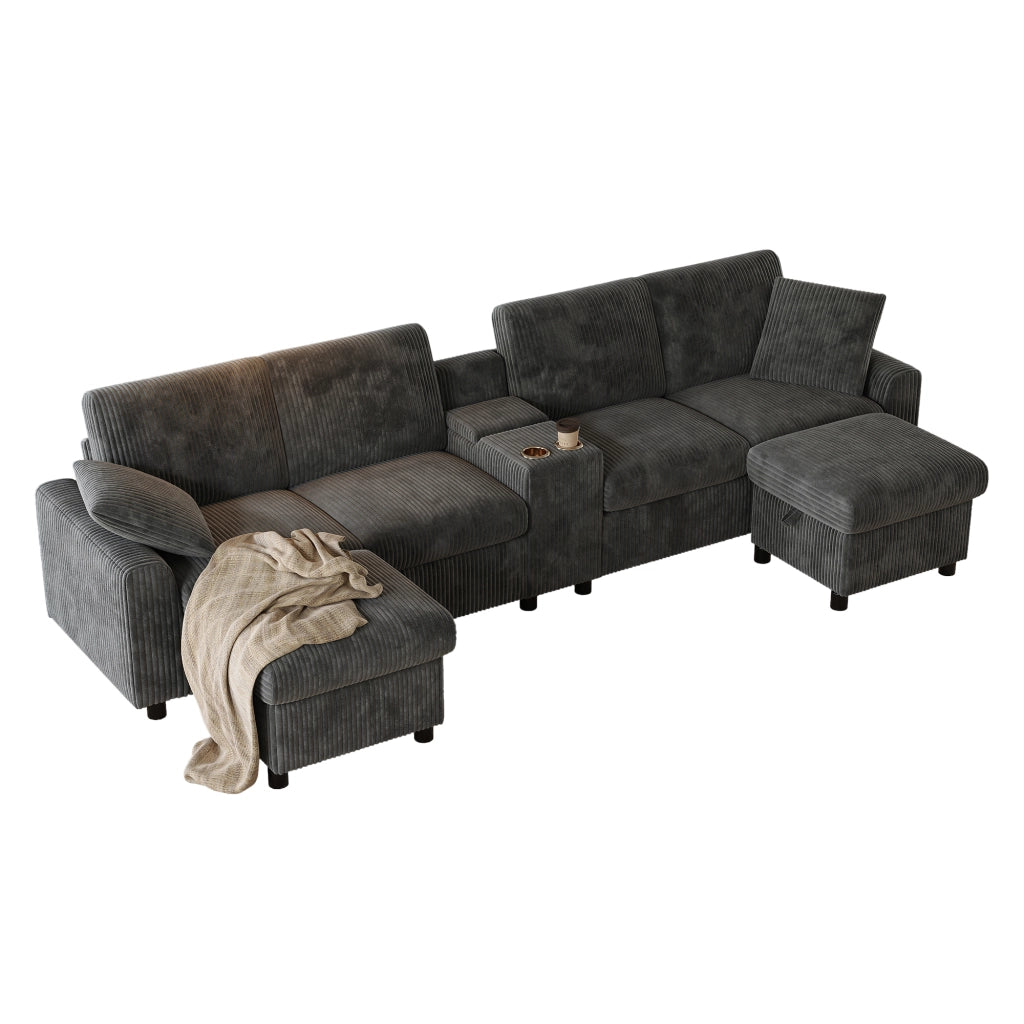 Divano U angolare in velluto a coste ¨C MINIMAL ¨C grigio, con pouf contenitore, tavolino, portabicchieri, USB e prese, 315x135x81 cm