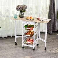 Carrello Portavivande Pieghevole a 6 Ruote con 3 Cestini, Cassetto e 2 Ribalte, Carrellino per Cucina in MDF e Metallo, 37x37x77.5 cm, Bianco e Legno