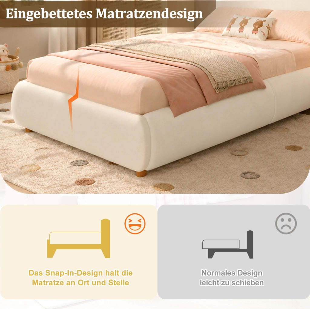 Letto imbottito per bambini 90x200 cm con contenitore e rete a doghe; velluto beige