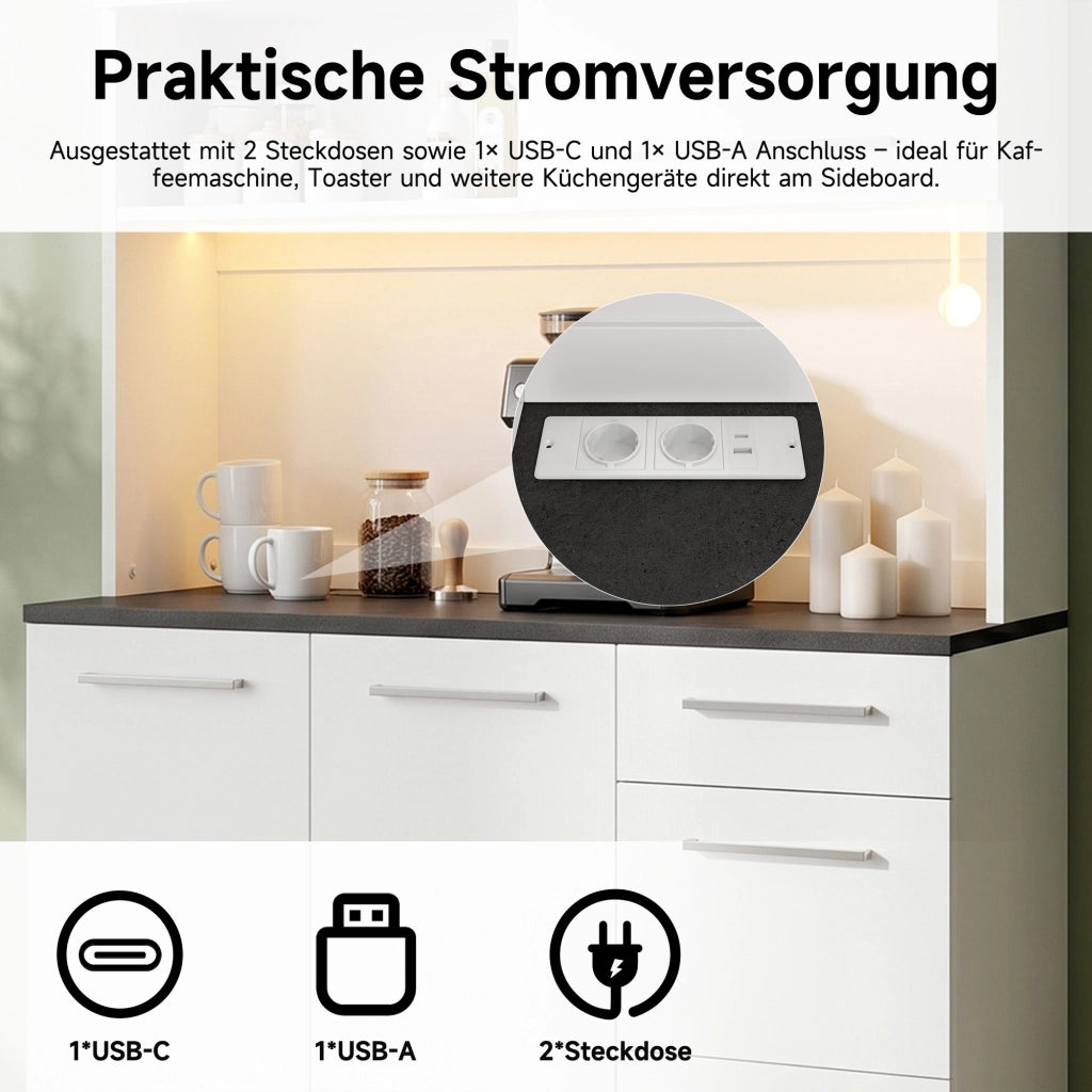 Credenza e madia con LED, 2 prese e USB-A e USB-C, ripiani regolabili, per sala da pranzo, bianco, 120 × 40 × 180 cm