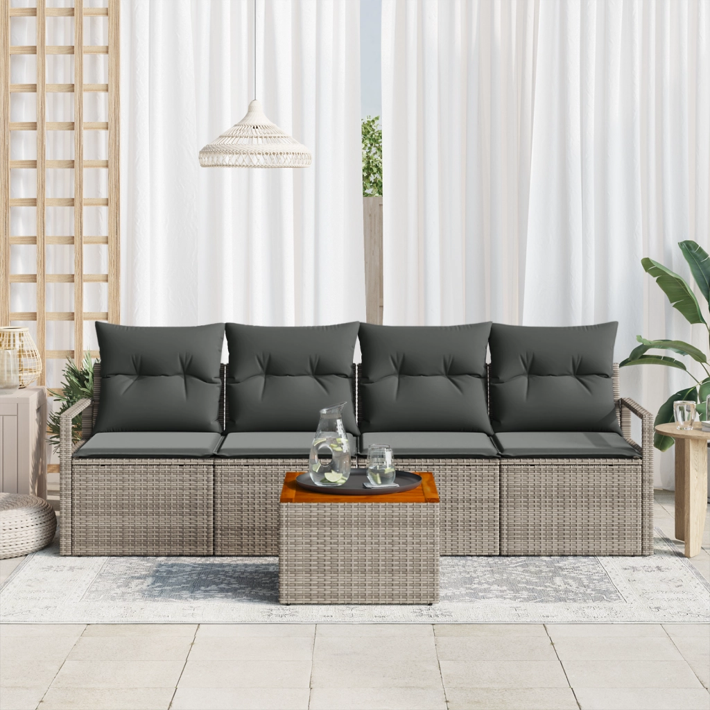 Set Divano da Giardino a 5 Pezzi con Cuscini Grigio Polyrattan Acacia