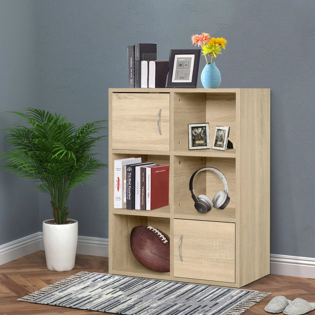 Libreria Scaffale in Legno, Mobiletto Multiuso con 3 Ripiani 4 Scompartimenti e 2 ante, 61.5x29.5x80cm