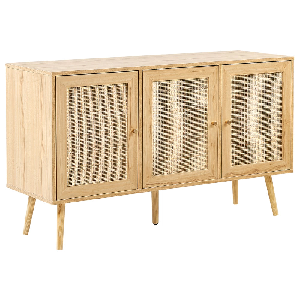 Credenza con 3 ante in rattan in colore marrone chiaro stile boho soggiorno camera da letto
