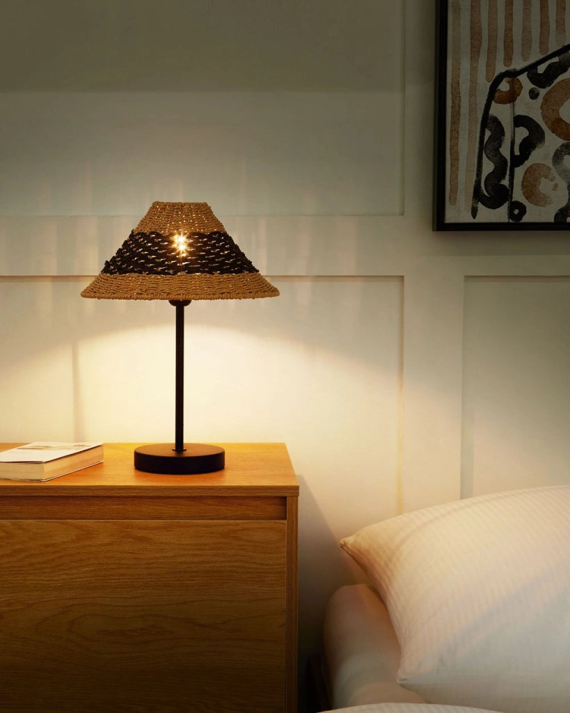 Lampada da tavolo con paralume in corda di carta beige e nero stile boho soggiorno camera da letto