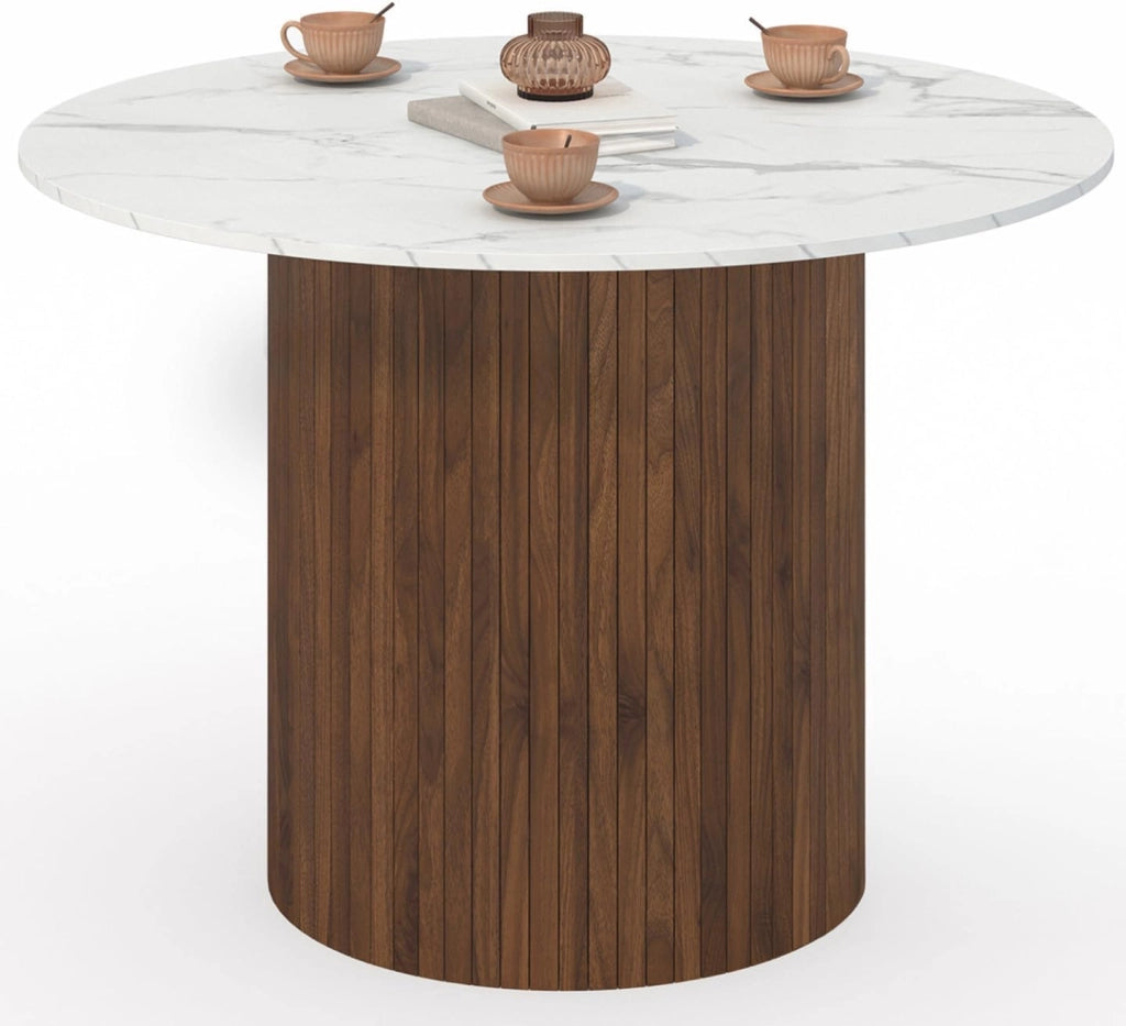 Tavolo da pranzo rotondo per 6 persone JULIETTE con gamba centrale a doghe in noce e piano in marmo bianco ALASKA 110 cm