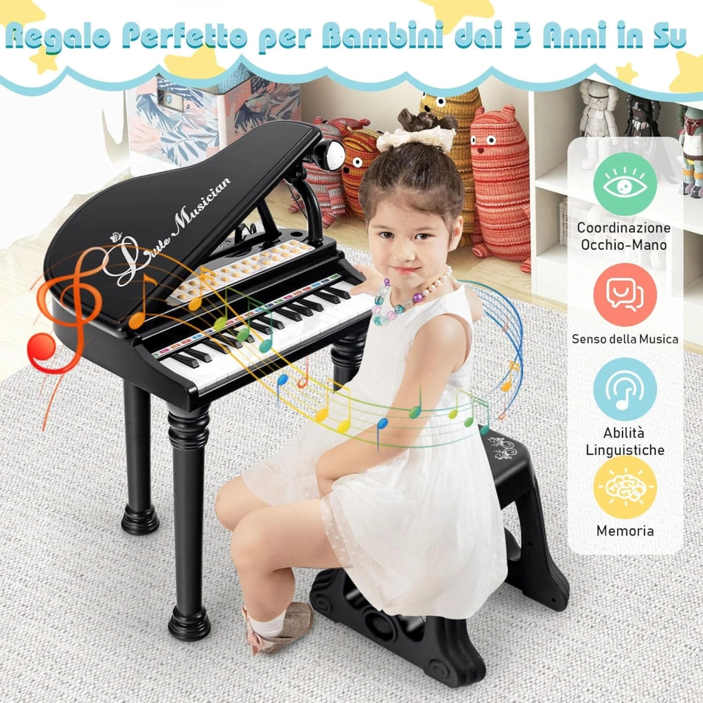Tastiera Pianoforte a 31 Tasti per Bambini con Microfono e Sgabello, Tasti Giocattolo Portatile con Modalità di Insegnamento a LED, Pianoforte a Coda per Bambini 3+ Anni (Nero)