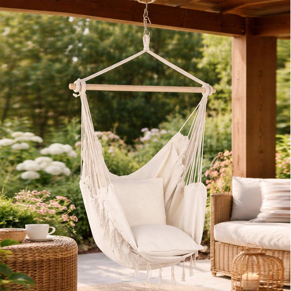 Amaca Poltrona con Cuscino Sospesa Bianco da Esterno e Interno 100x75x130cm