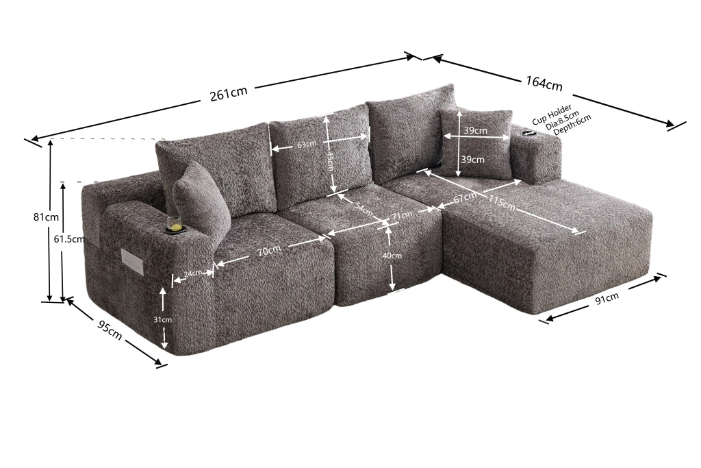 Divano angolare modulare in chenille con portabicchieri e tasche laterali grigio scuro 261 × 165 × 80 cm