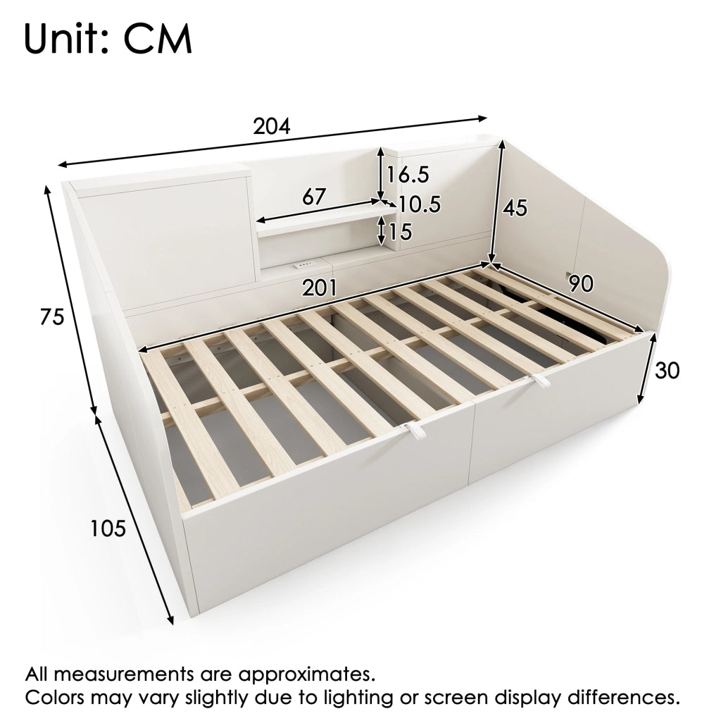 Letto da giorno 90x200 cm bianco in legno con contenitore; 2 ripiani e porta USB