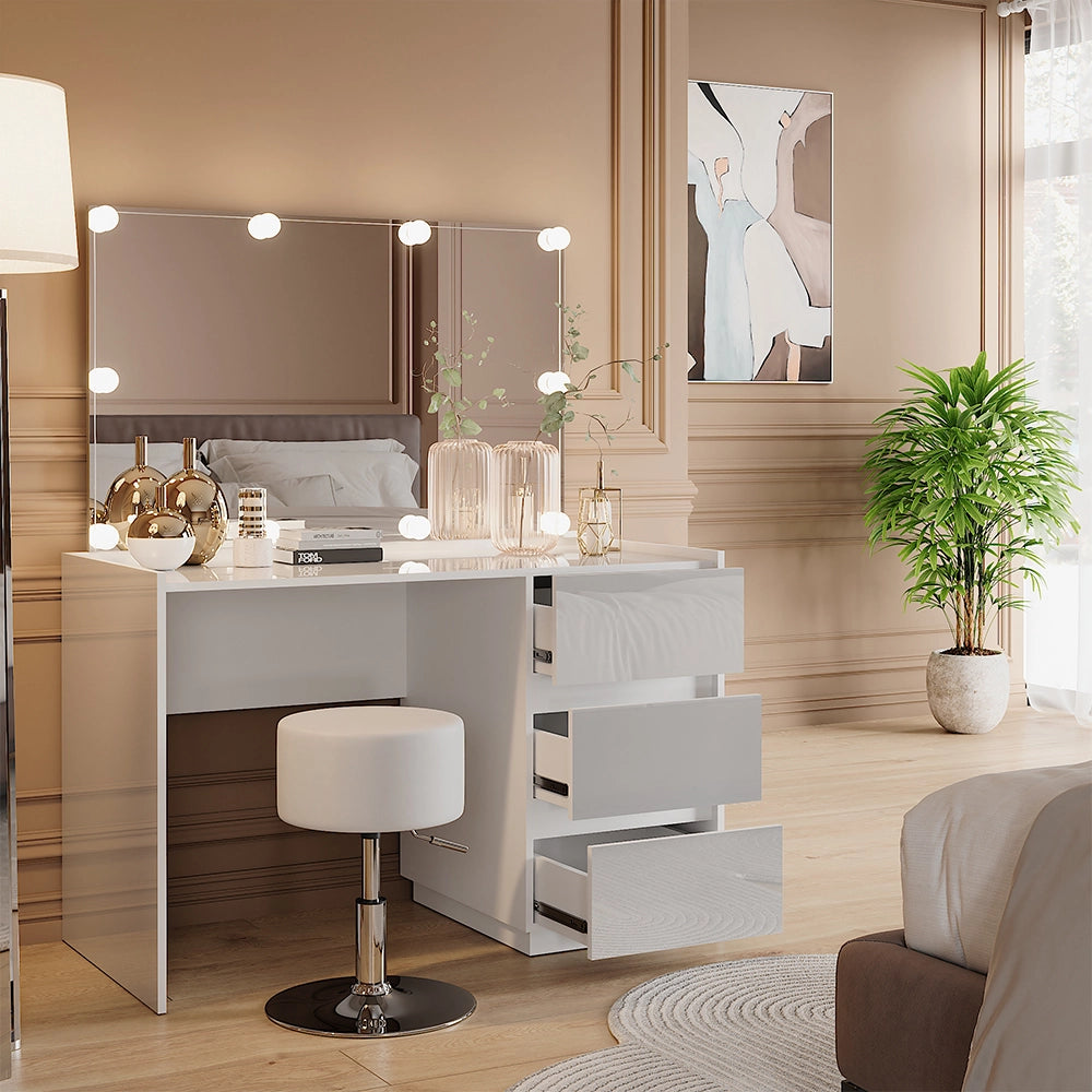 Vicco Tavolo da toilette Bianco lucido 120 cm con specchio, sgabello, luci fiabesche a LED