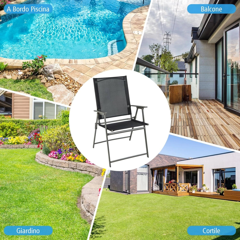 Set di 2/4 Sedie Pieghevoli da Giardino in Textilene, Sedie da Esterno con Schienale Alto, Poltrona Portatile per Giardino Campeggio Patio, Portata 150 kg (2, Nero, 62 x 58 x 96 cm)