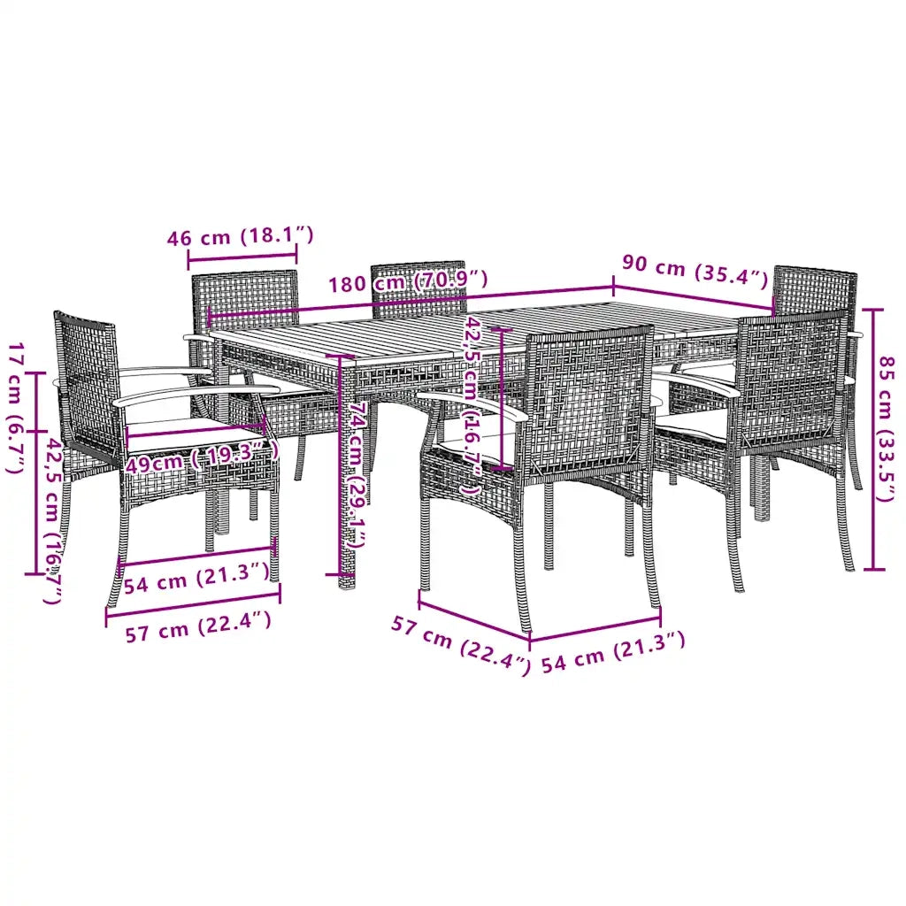 Set da Pranzo da Giardino 7 pz Nero con Cuscini in Polyrattan 3213564