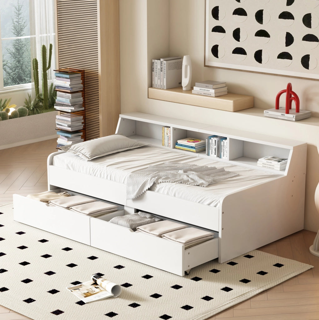 LETTO Daybed 90x200 cm con 2 cassetti e vani contenitore Bianco
