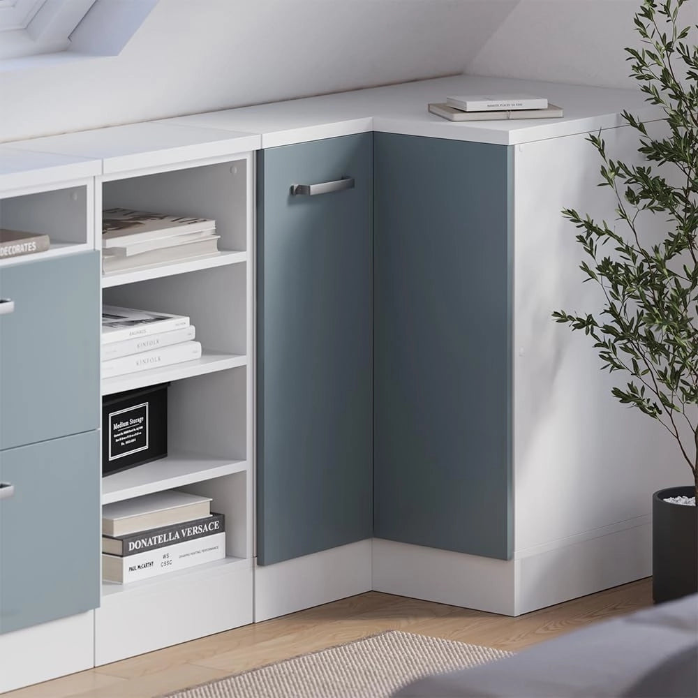 Mobile sottotetto Mobile angolare Rion, Grigio-blu, 75.6 x 81.6 cm con 1 porta, carcassa dell’armadio profondità 60 cm, adatto per il salvaspazio sotto tetti spioventi