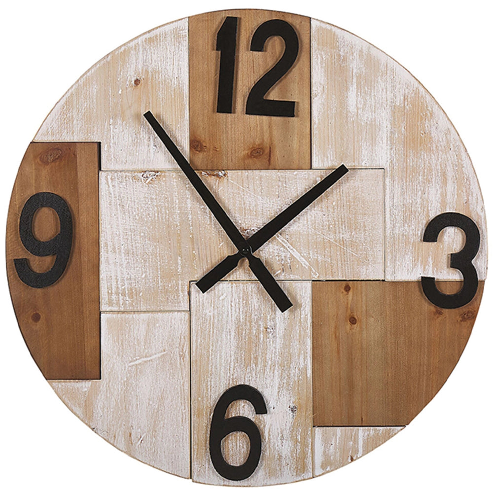 Orologio da Parete Legno Chiaro Tondo ø 60 cm Quadrante Fatto a Mano Lancette Nere Numeri Rustico Minimalista