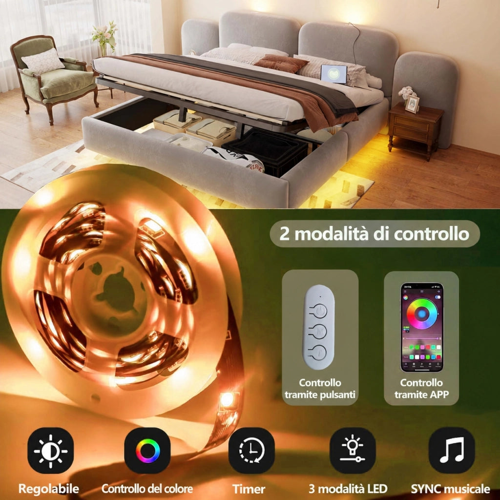 Letto imbottito 180x200 con contenitore idraulico e LED RGB; velluto grigio