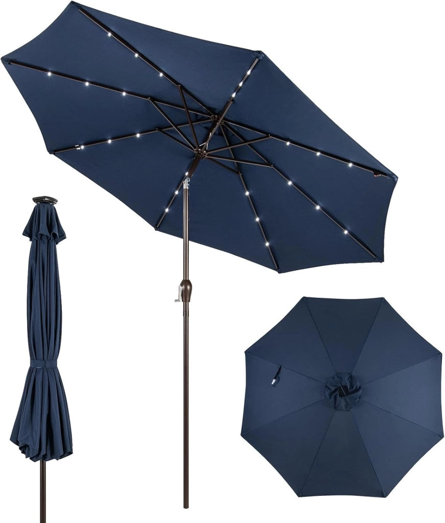 Ombrellone da Giardino 3m, con Luci LED e Manovella, Ombrellone da Balcone Inclinabile Protezione UV, Ombrellone Parasole da Cortile con 8 Osse, per Terrazza, Spiaggia, Piscina