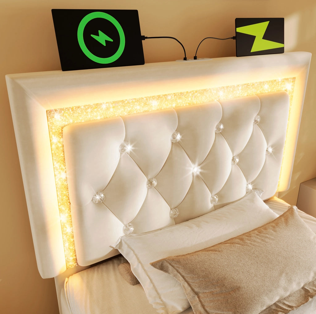 Letto singolo imbottito ULEVR 90x200 cm con contenitore idraulico, LED, USB e Type-C, velluto beige