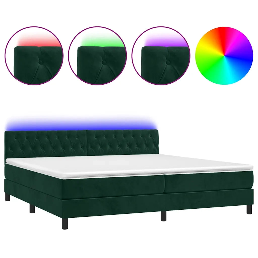 Letto a Molle con Materasso e LED Verde Scuro 200x200cm Velluto