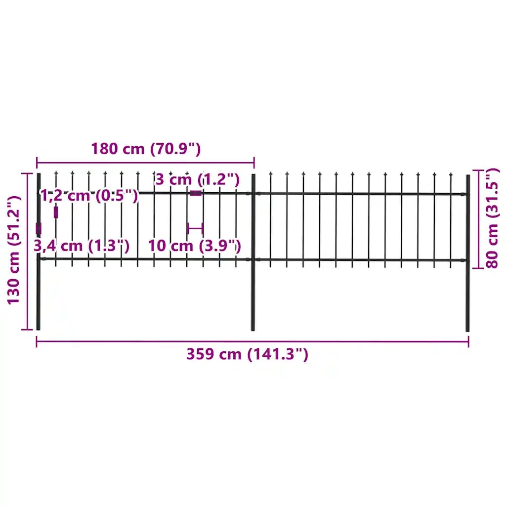 Recinzione da Giardino | Recinzione da cortile con Punta a Lancia in Acciaio 359x80 cm Nero