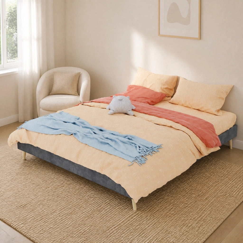 Letto matrimoniale 160x200 cm in tessuto grigio con testiera geometrica