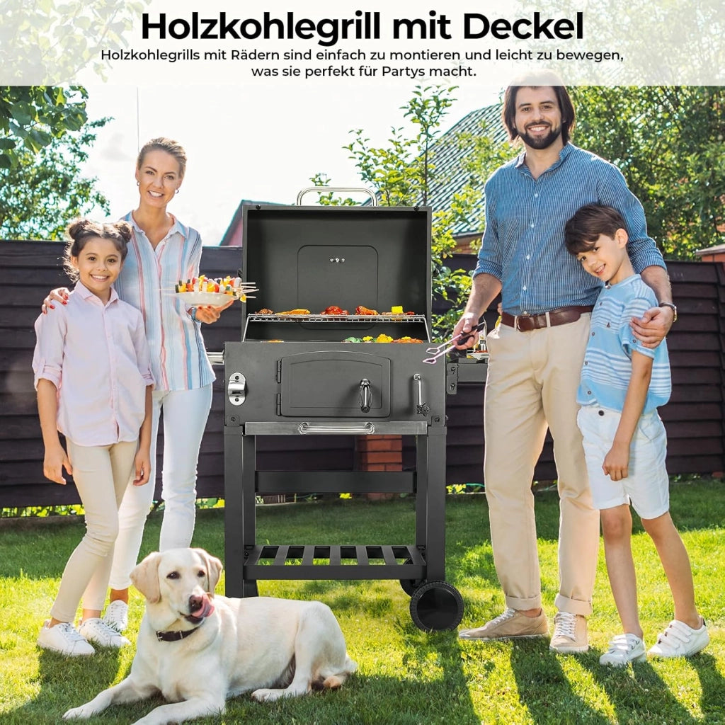 Barbecue Carbonella XL, Barbecue a Carbonella con Coperchio, Griglia per Barbecue con 2PCS Ruote, Termometro, Grande BBQ Smoker con Carrello per Campeggio, Giardino