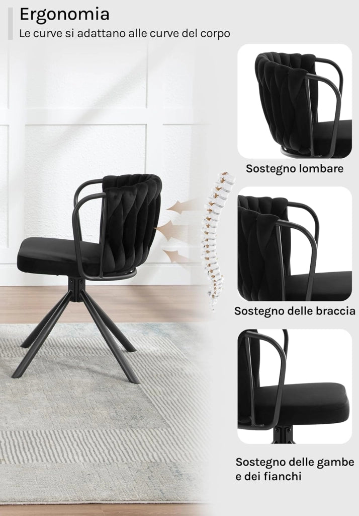 Sedia da Pranzo Girevole Set di 2, Poltrona Imbottita con Schienale Intrecciato e Gambe in Metallo, Sedia Scandinava, Velluto,Nero EZS72sz-2