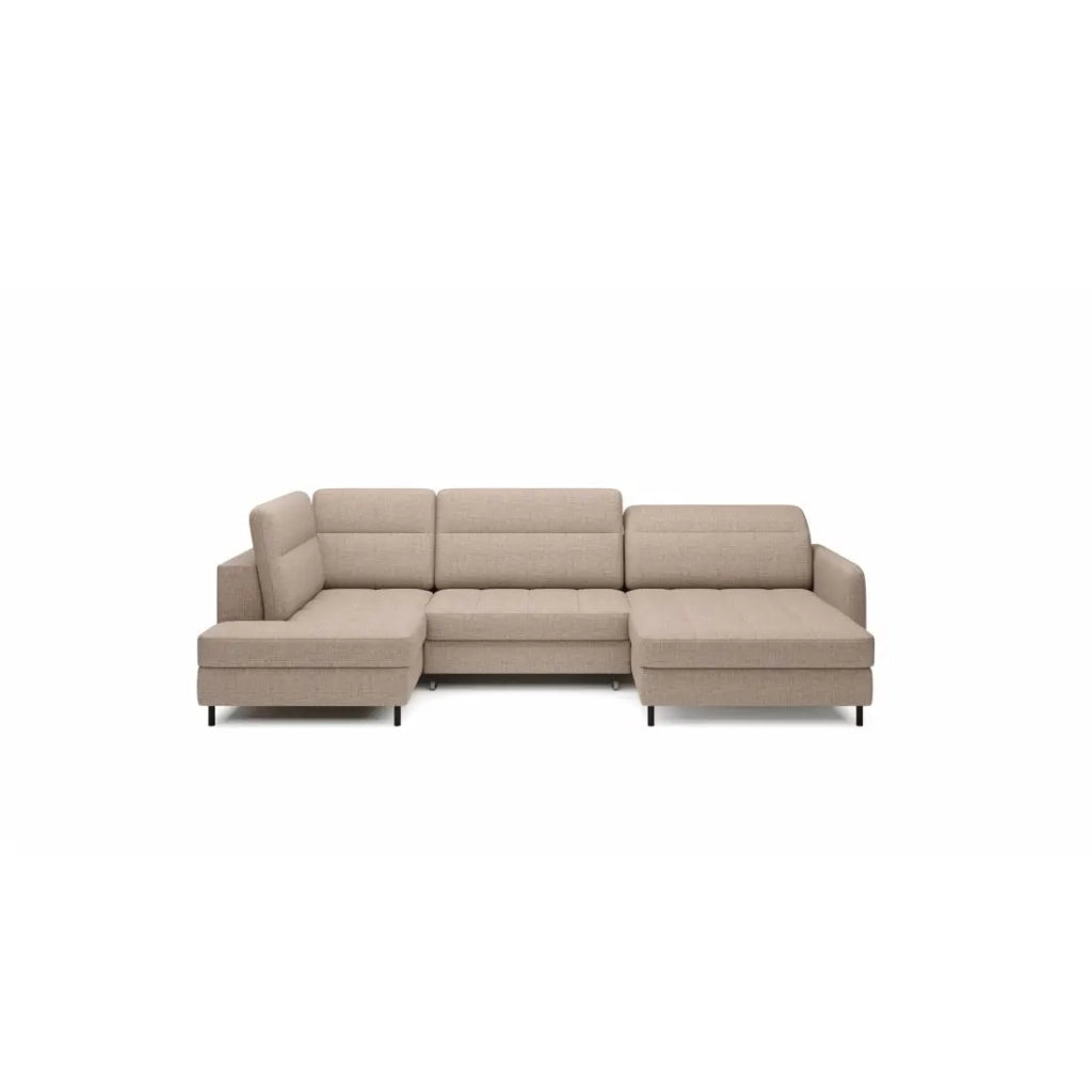 Divano angolare convertibile BERTHO 306 cm beige chiaro effetto melange – Angolo destro con contenitore