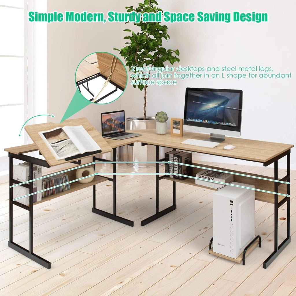 Scrivania ad angolo a forma di L 170 cm, Scrivania per computer con 2 ripiani, vassoio inclinabile, supporto per unità centrale, tavolo da computer, poco ingombrante, stile industriale