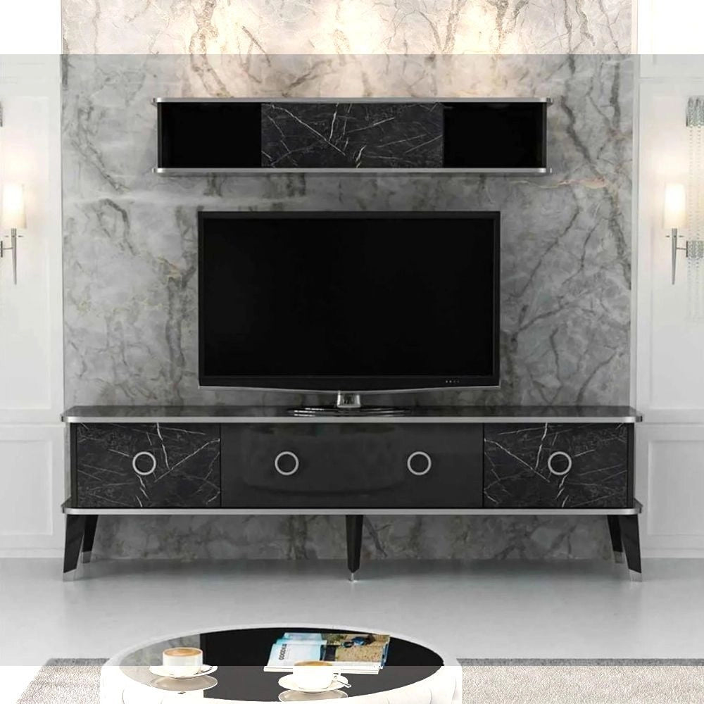 Mobile porta Tv con pensile effetto marmo nero particolari argento Bientv 180