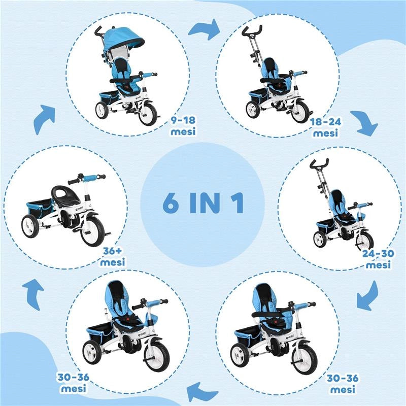 TRICICLO PER BAMBINI CON MANIGLIONE 6 IN 1, TETTUCCIO REGOLABILE E CINTURA DI SICUREZZA, ETÓ 1-5 ANNI, BLU