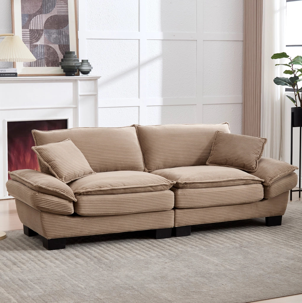 Divano 2 posti in corduroy khaki con braccioli e cuscini; 224x81x81 cm
