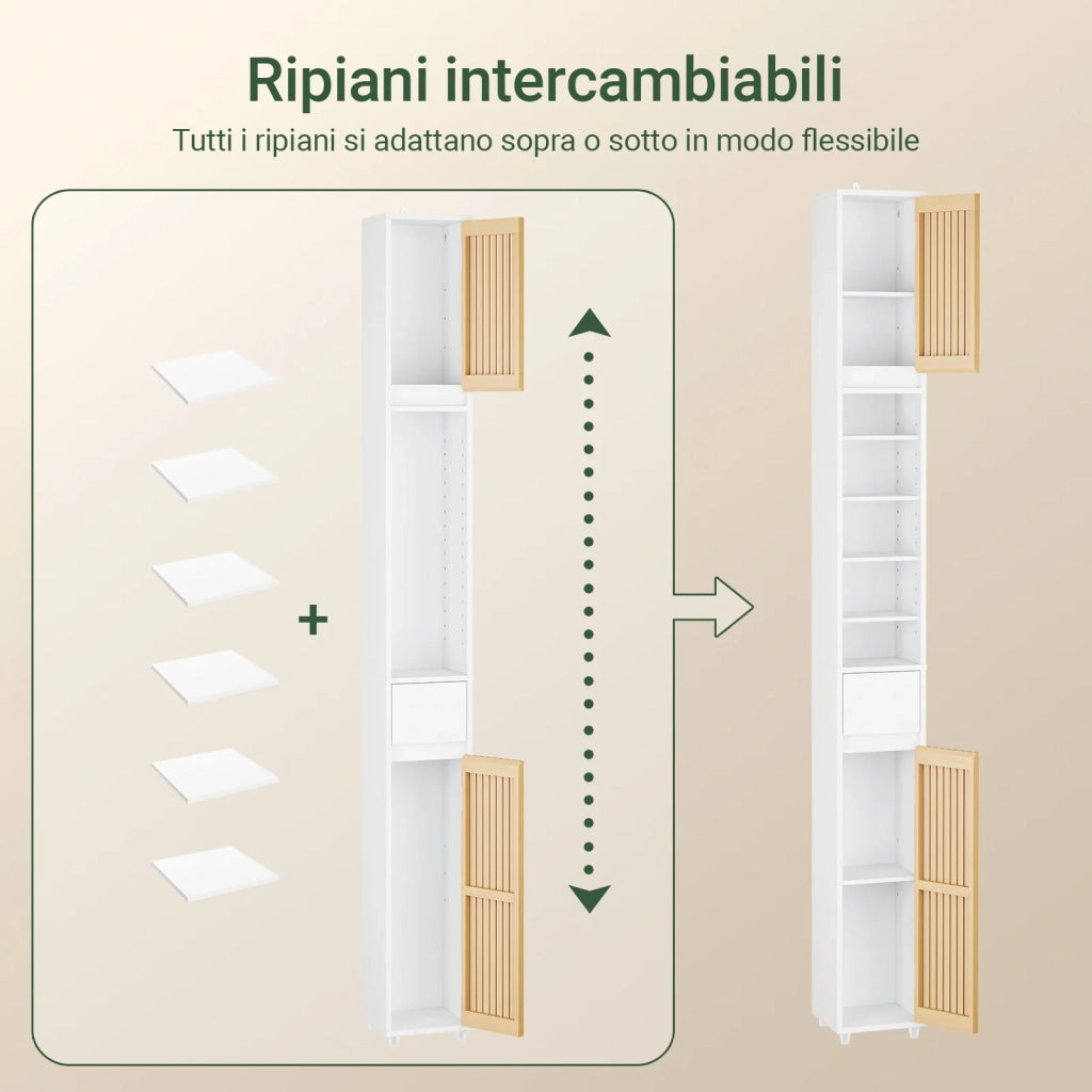 SoBuy BZR34-BW Mobile Bagno Salvaspazio Colonna Armadietto Alto con 6 Ripiani Regolabili, Mobiletto da Bagno con Ante in Bambù, Mobiletto Stretto per Piccoli Spazi, Bianco, 20x20x180cm