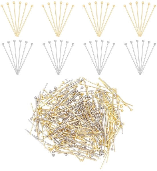 Pins per gioielli 200 pezzi - Testine metalliche - 30mm/30.5mm - Acciaio inossidabile - 24K dorato - Materiale duraturo